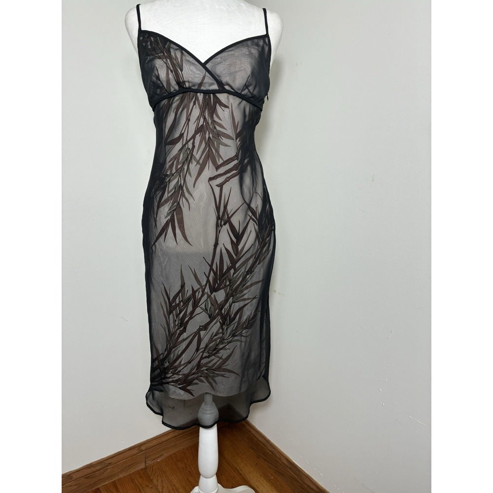Vintage Y2K BCBG Midi Dress Mesh With Palm Leaves Underlay Sz S Black Dark Fairy